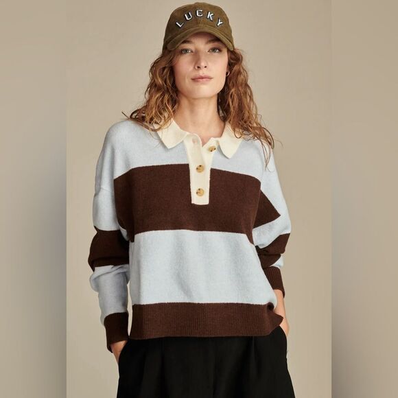 Lucky Brand Sweaters - Lucky Brand Cloud Soft Rugby Polo Sweater Striped Brown Blow Collar Sz XXL